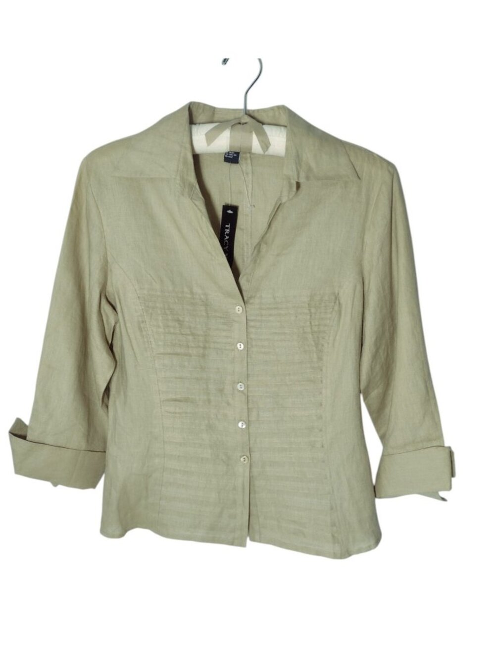 Tracy M 100% Linen Pleat Tuck Top L Beige Button Up 3/4 Sleeve Office Minimalist